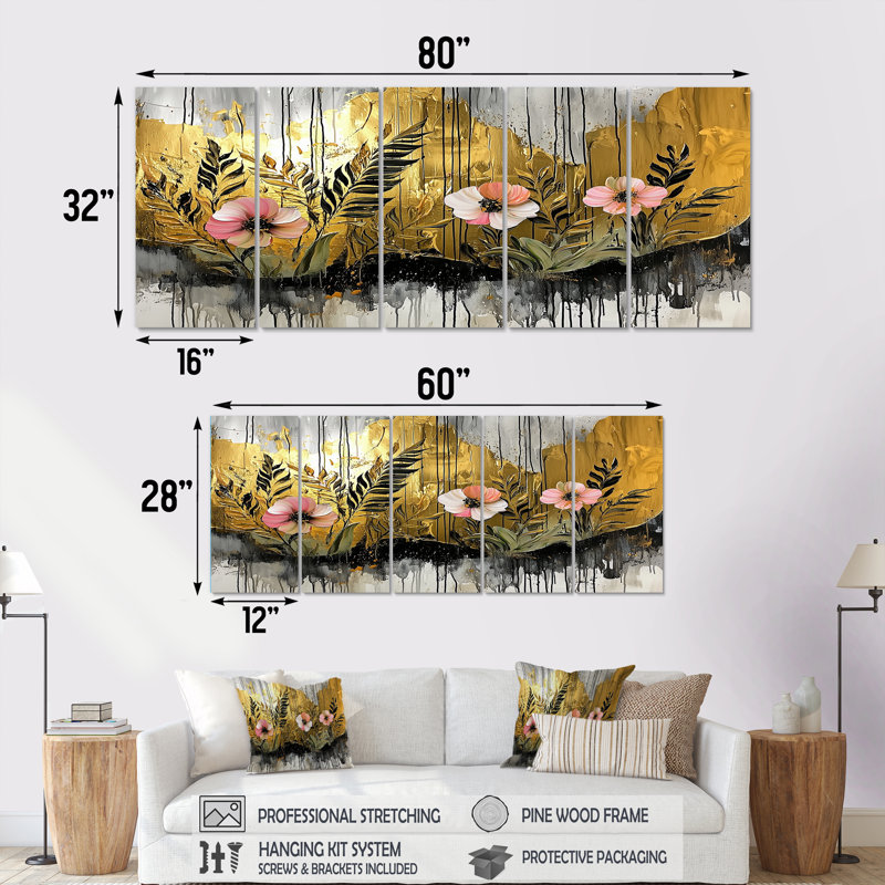 Danse tropicale dorée des coquelicots I - Art mural coquelicots - Décoration murale traditionnelle, H 28 po x l 60 po, 5
