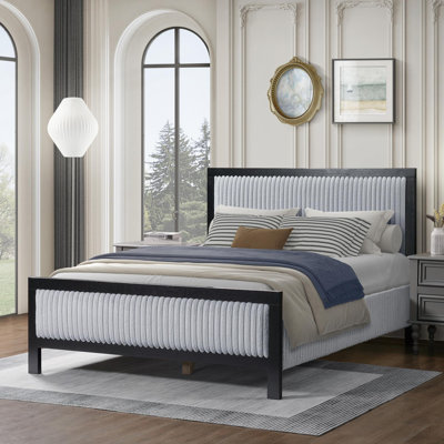 Grand lit tapissier avec tête de lit moelleuse, cadre gris et noir