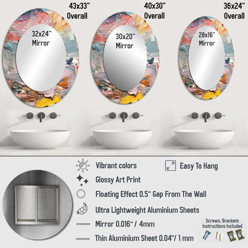 Summer Pastel Groove Expressionnisme abstrait - Grand miroir mural ovale sur métal, 40 po x 30 po