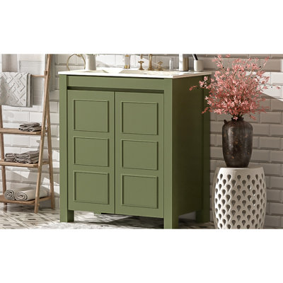 Meuble-lavabo de 30 pouces de style avec lavabo en céramique, trou de trop-plein, mécanisme de fermeture en douceur et assemblage facile dans les portes olive, rangement réglable, surface facile