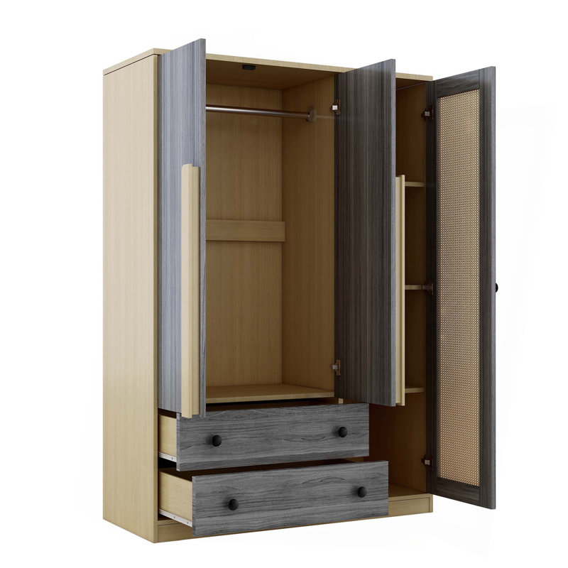 Armoire-penderie 3 portes en bois pour la chambre à coucher, avec 2 tiroirs, Gris naturel