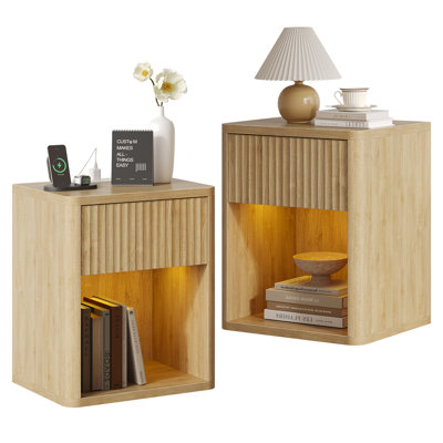 1-Drawer End Table With Charging Station, LED Nightstand With Storage For Bedroom, Living Room