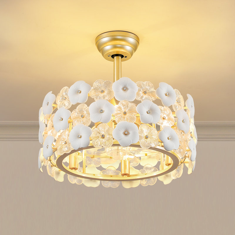 Ventilateur de plafond floral 20 po avec lumière, Fandelier moderne avec télécommande, moteur à courant continu réversible à 6 vitesses, décorations décoratives en céramique et en verre pour la chambre à coucher et le salon