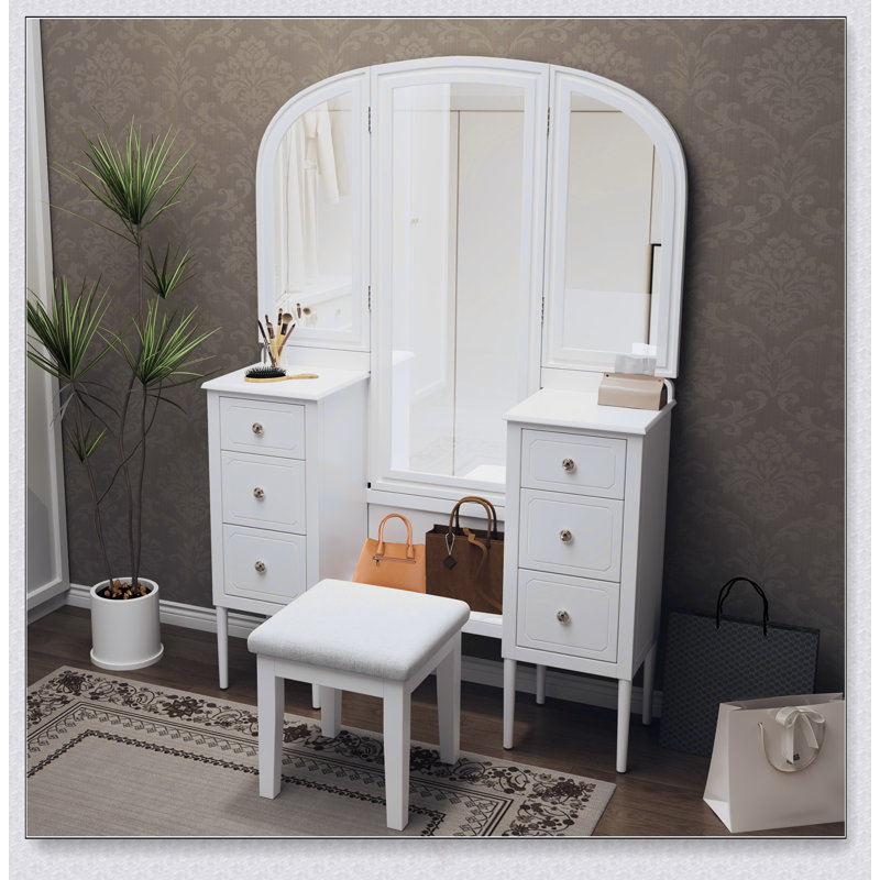 Antique White Makeup Vanity Desk With Triple Mirror, 6-Drawer Dressing Table Set Including Stool And Full Length Mirror For Bedroom