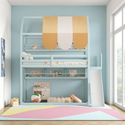 Full Size Bunk Bed With Canopy, Slide & Built-In Bookshelves