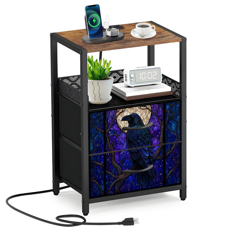 Table de chevet 2 tiroirs en tissu avec station de charge Vitrail Raven
