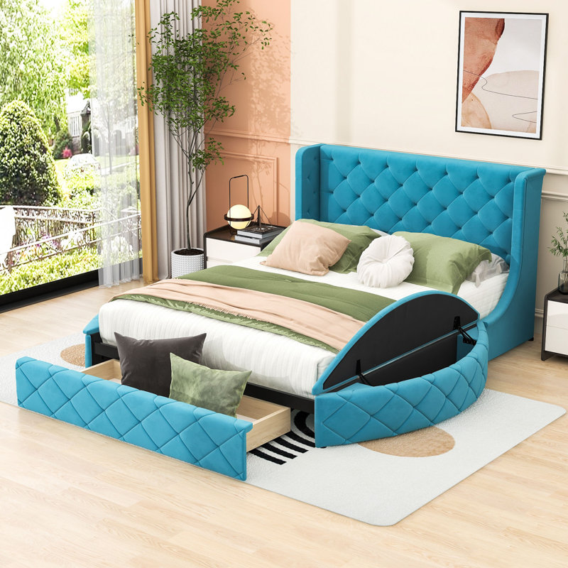 Hartaj Queen 1 Drawer Upholstered Platform Bed with Headboard, Blue