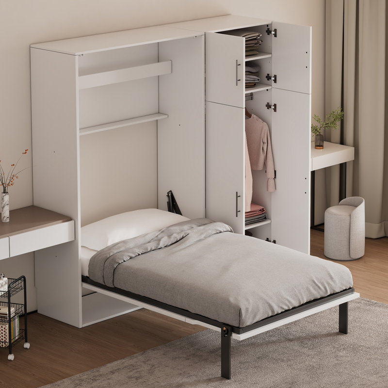 Lit escamotable simple avec casiers et armoires, blanc