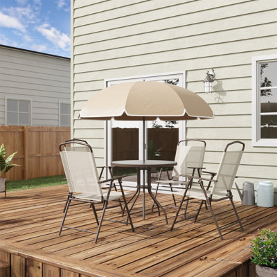 Outsunny 6 Piece Patio Dining Set For 4 With Umbrella, Outdoor Table And Chairs With 4 Folding Dining Chairs & Round Glass Table For Garden, Backyard And Poolside