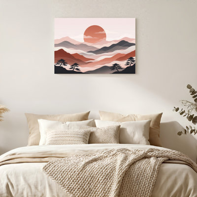 «Gallery Wrap», art mural sur toile pour le salon, la chambre à coucher, le bureau ou le vestibule - décoration murale décorative avec coucher de soleil sur la montagne