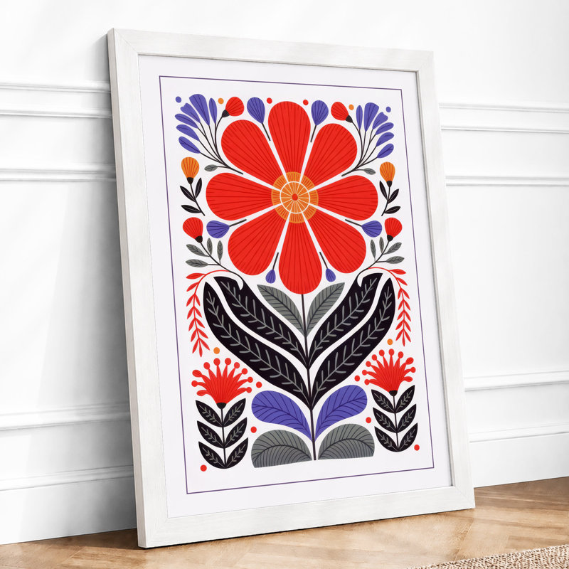 Folk Flower Symmetry Botanical - Framed Print, A2 - 59.4 x 42.0 cm, White