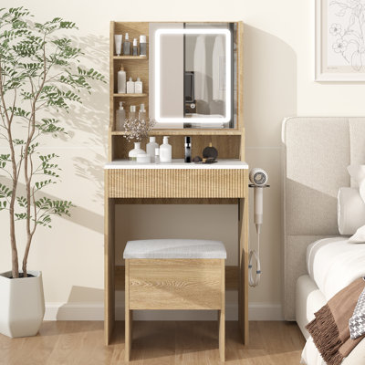 Vanity Desk With Mirror And Lights,White Makeup Vanity With Power Outlet And Storage Stool