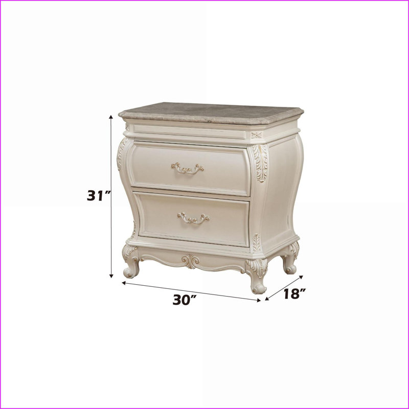 Table de chevet Chantelle blanc perle avec plateau en granite et 2 tiroirs