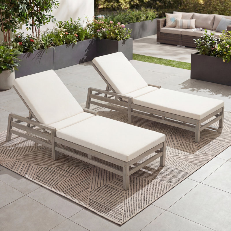 5-Position Adjustable Outdoor Chaise Lounge, Solid Wood Patio Recliner with Thick Cushions, Weather-Resistant for Pool, Balcony & Garden
