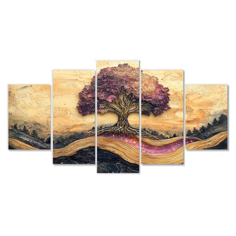 Arbre de vie bourgogne sur pierre, rivière I - art mural arbre de vie - art mural traditionnel pour le salon, 5 pièces