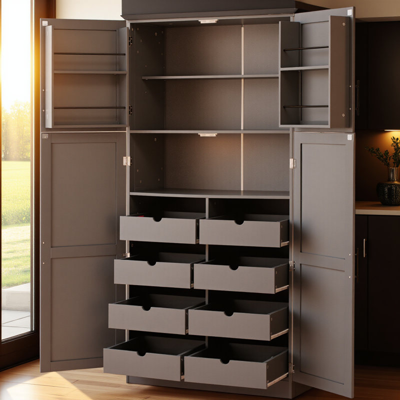 Armoire de cuisine autoportante 35,5 x 17,6 x 70,9 pouces, grande armoire de rangement avec 4 portes, 2 tablettes de porte, 8 plateaux coulissants et tablette réglable pour la salle à manger, gris