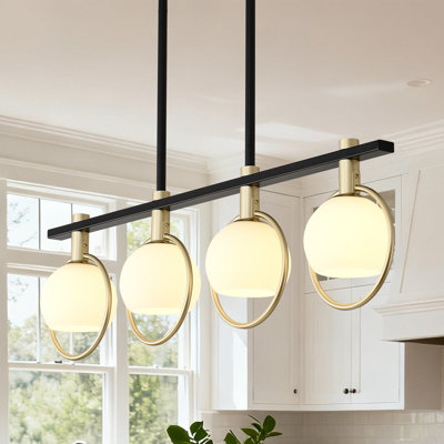 Farmhouse Linear Chandelier For Dining Room, 4-light 34.25" Kitchen Island Lighting With Milk Glass Globe Shade, Black And Gold Ceiling Pendant Light Fixtures