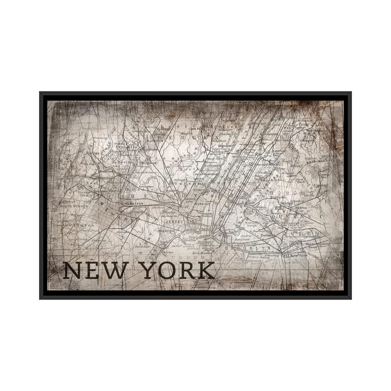 «New York Map, Vintage», impression sur toile, H 18 po x l 26 po x P 1,5 po, Toile avec cadre noir, Pas de tapis