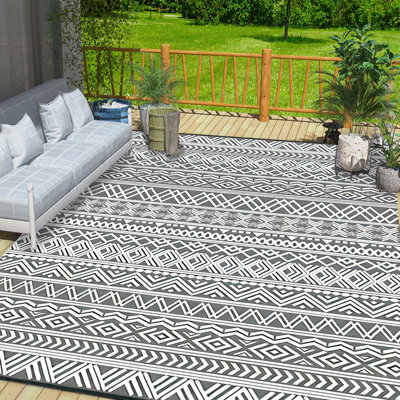 Tapis de camping, tapis de plage, tapis d'extérieur en paille de plastique noir et blanc Boho