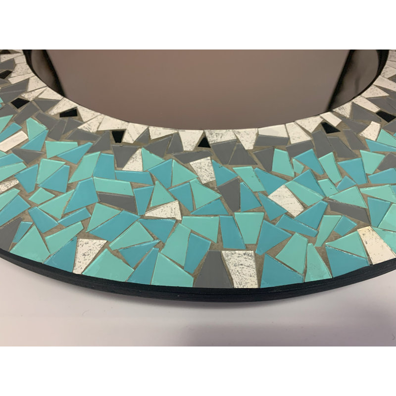 Zorigs Mosaic Mirror, Wall Art Décor – Handcrafted Decorative Wall Mirror, Sky Blue and Teal Mosaic, 24” Frame, 14" Round Mirror for Hallway, Bedroom, Bathroom, Living Room