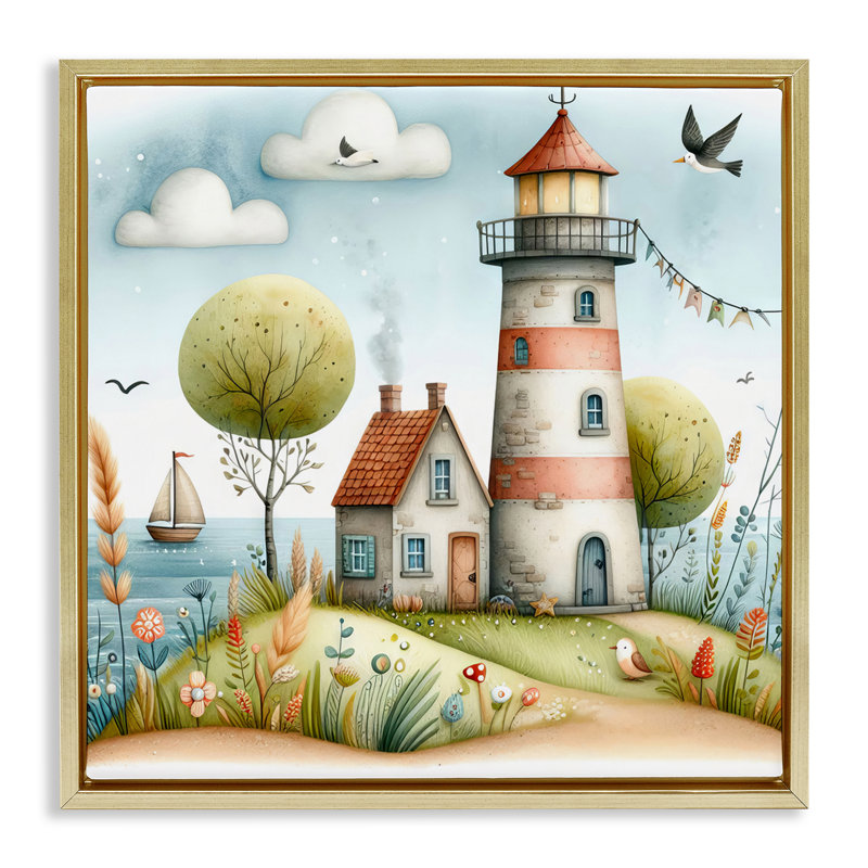  Art nautique sur toile flottant "Phare nautique" par LSR Design Studio, H 25 po x l 25 po, Cadre flottant métallique doré