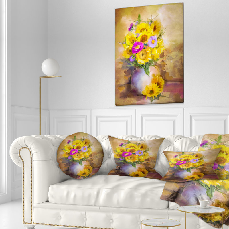 Coussin décoratif à imprimé floral jaune tournesol et violet Aster