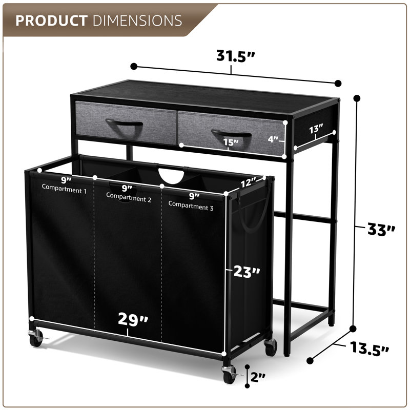 Sorbus Dresser with 3 Section Laundry Hamper Pull-Out with Wheels and 2 Drawers Laundry Room Organization, Black/Gray