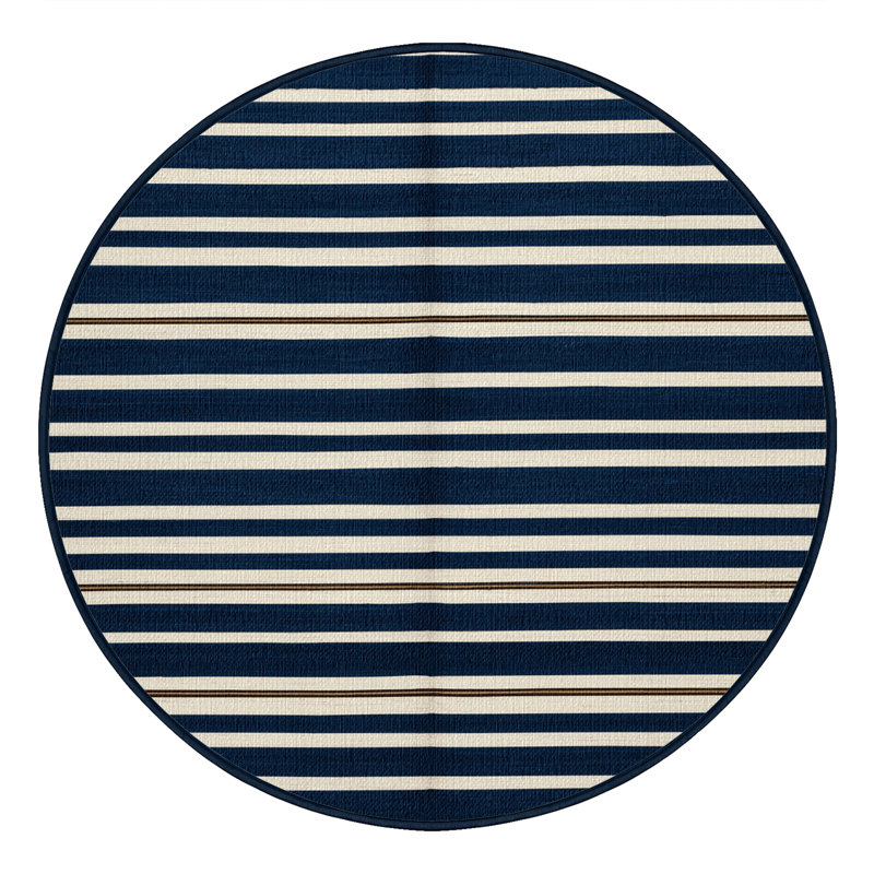 Washable Dark Blue White Striped Area Rug, Round 4'