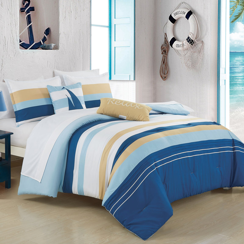 Anchors Luxury 9 Piece Complete Bed In Bag Set, Dark Blue, California King Comforter + 8 Additional Pieces