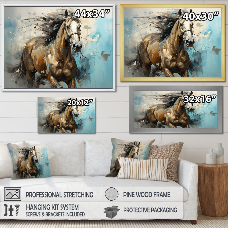 Cheval galopant fantaisiste - cheval, art mural, H 24 po x l 32 po x P 1 po, Cadre simple noir