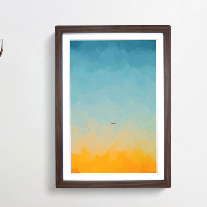 Airplane At Sunset In Abstract - Single Picture Frame Painting, 63cm H x 45cm W x 2cm D, Walnut Framed