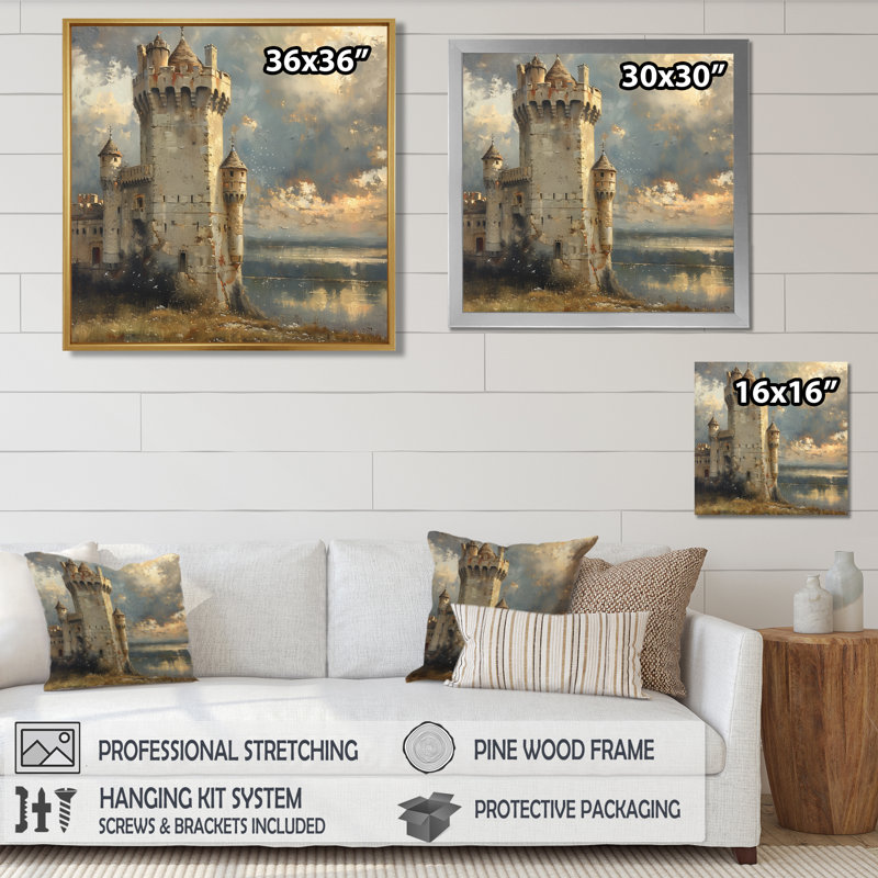 Beige gris tourelle tourelle château I - salon d'art mural châteaux, Toile tendue, H 30 po x l 30 po x P 1 po