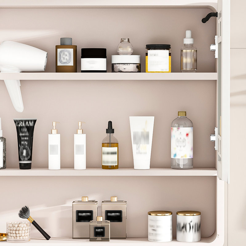 35 X 28 Inches Bathroom Cabinet Mirror, Aluminium, Led And Defogging, Cosmetic Shelf, Hair Dryer Area, Khaki Mirror Cabinet, 3 Colors , Defogging Function, Pouch, Holder