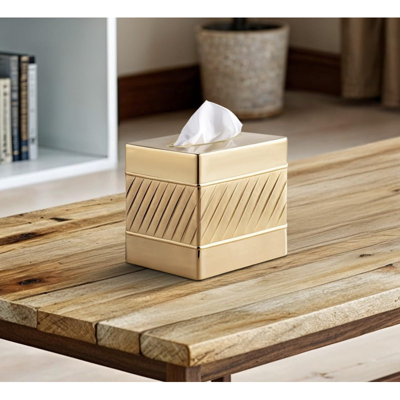 Wave Embossed Metal Tissue Box Cover, Brushed Gold