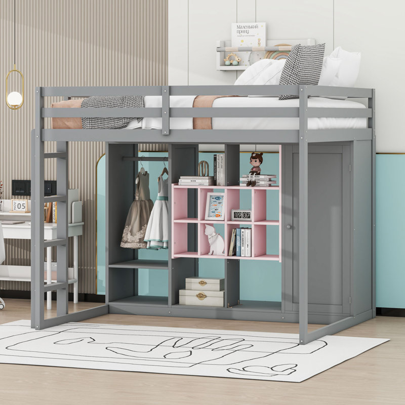 Lit mezzanine en bois avec armoire ouverte et tablettes, Gris, rose, Complète