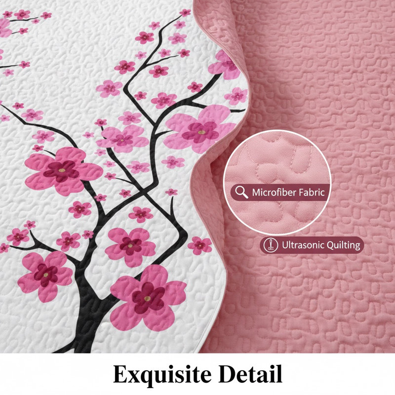 5-Piece Pink Cherry Blossom Cal King Bedding Set (Queen/King/Cal King) - Microfiber Quilt + Pillow Shams, CAL KING