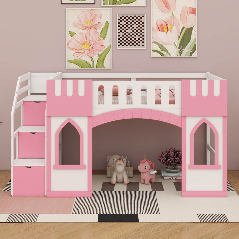 Wooden Twin Size Loft Bed With Storage Staircase, Windows And Full-Length Guardrail, Pink