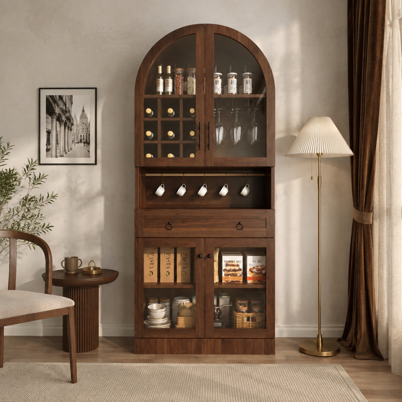 Bar à vin 70 po de hauteur avec portes en verre, support à 9 bouteilles, tiroir et tablettes de rangement, Noyer