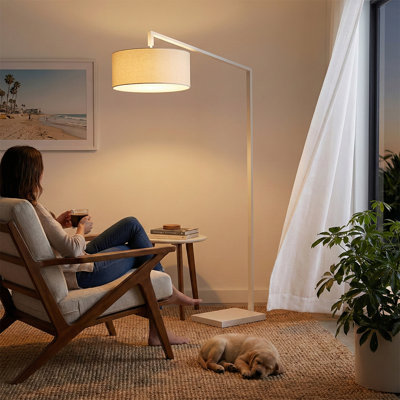 Stretch 75"H 1-Light Chairside Arc Lamp, White Linen Shade & Body, Dimmable, for Living Room or Bedroom