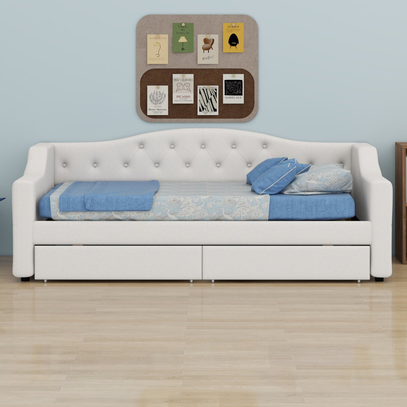 Upholstered Daybed With LED Belt And 2 Drawers, Beige