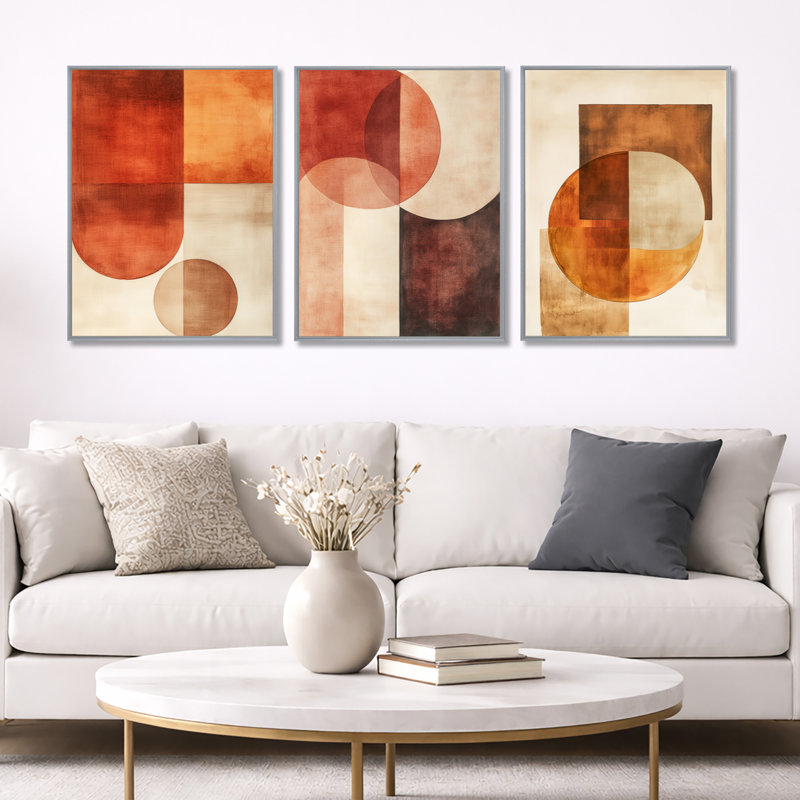 Terracotta Balance II - Décoration murale abstraite encadrée 3 pièces, 32" H x 72" W, Silver Floater Framed