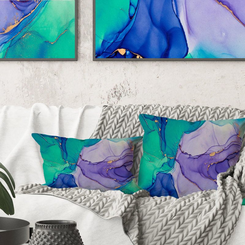 Turquoise et mauve, luxe, art abstrait fluide IV - coussin décoratif moderne imprimé 12 po x 20 po