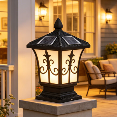 Black Solar & Hardwired Dual-Use Post Light, 4-Color Led, Ip65 Waterproof, With Remote Control, For Outdoor Gate & Patio