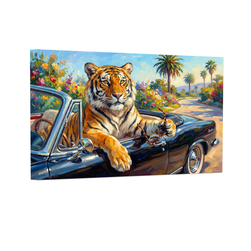 Animaux, tigre au volant d'une voiture classique dans un paysage tropical, H 24 po x l 36 po