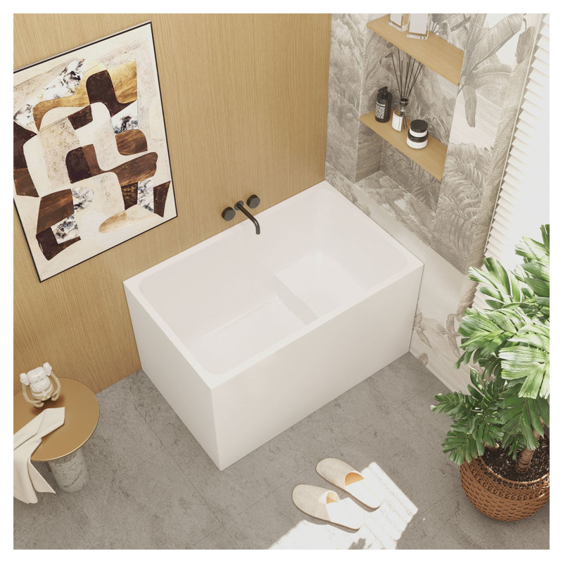 43" Freestanding Acrylic Soaking Bathtub with Built-in Seat, Rectangular Gloss White Tub, cUPC Certified