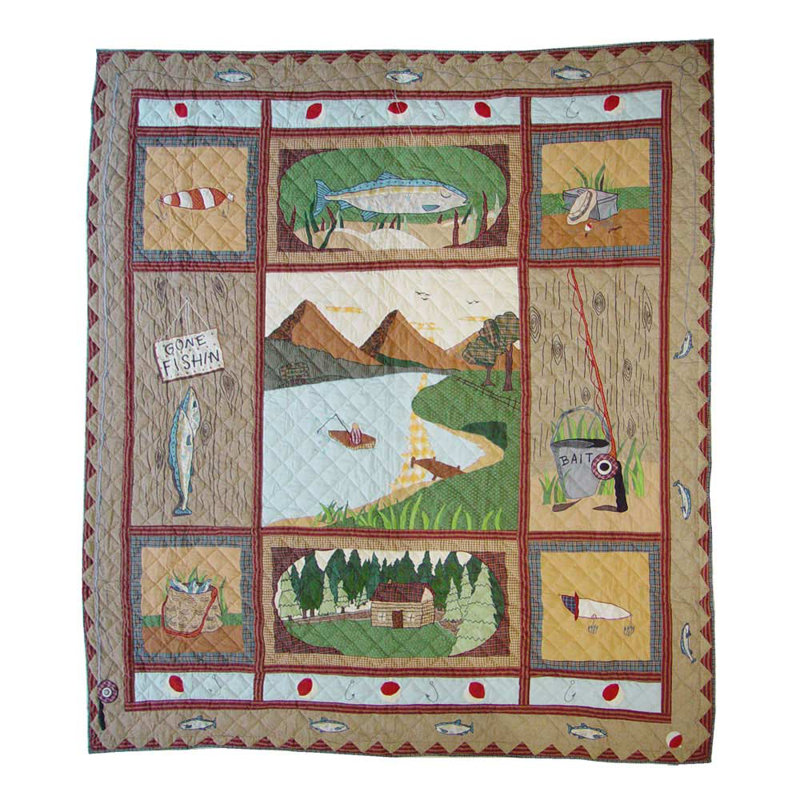 Gone Fishing Traditional Cotton Floral Quilt, Queen