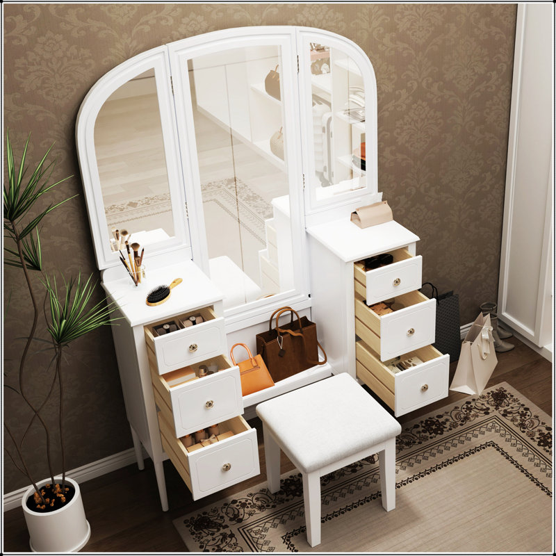 Bureau de coiffeuse à maquillage antique blanc avec miroir triple, ensemble de coiffeuse à 6 tiroirs avec tabouret, miroir pleine grandeur pour chambre à coucher