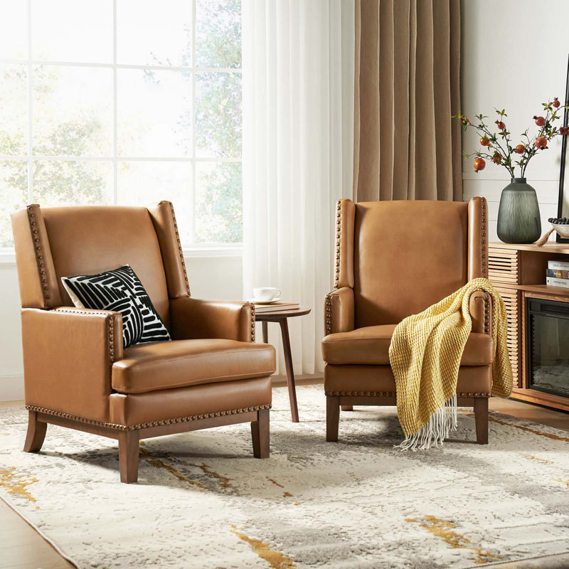 Ariston Genuine Leather Wingback Armchair with Solid Wood Leg (Set of 2), Camel
