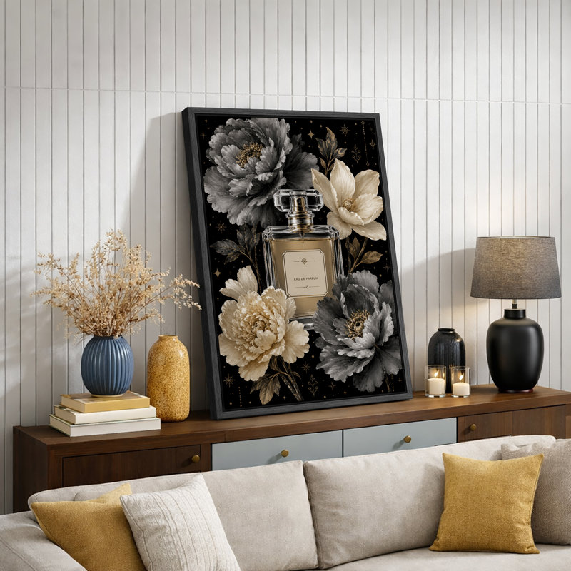 Bouteille de parfum noir doré avec des fleurs élégantes, images de chambre à coucher, impression sur toile encadrée