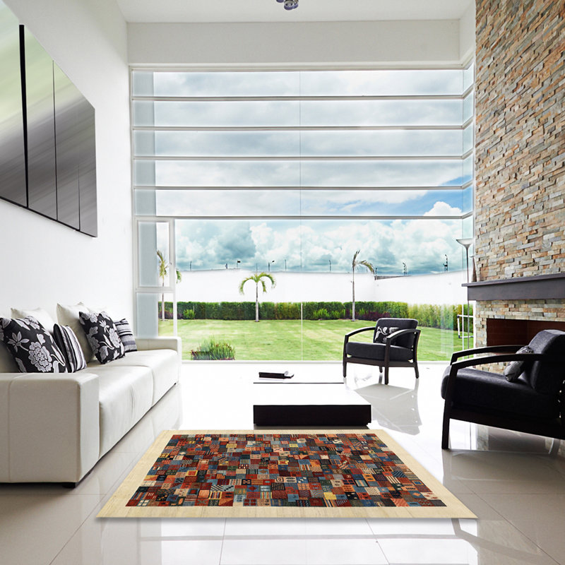 Tapis beige/noir/rouge contemporain, Carré 5 pi